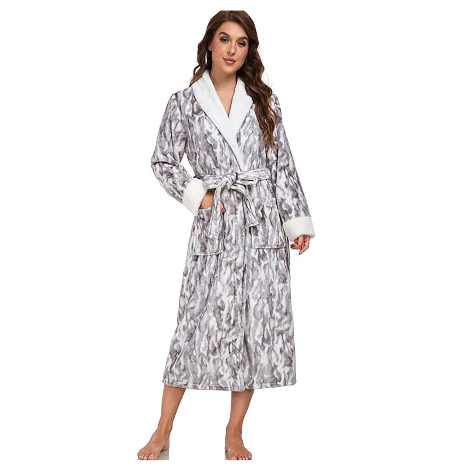 RONGTAI Womens Long Robes Plush Fleece Nightgown Thick Hooded Bathrobe With Pockets Fluffy Sleepwear For Men