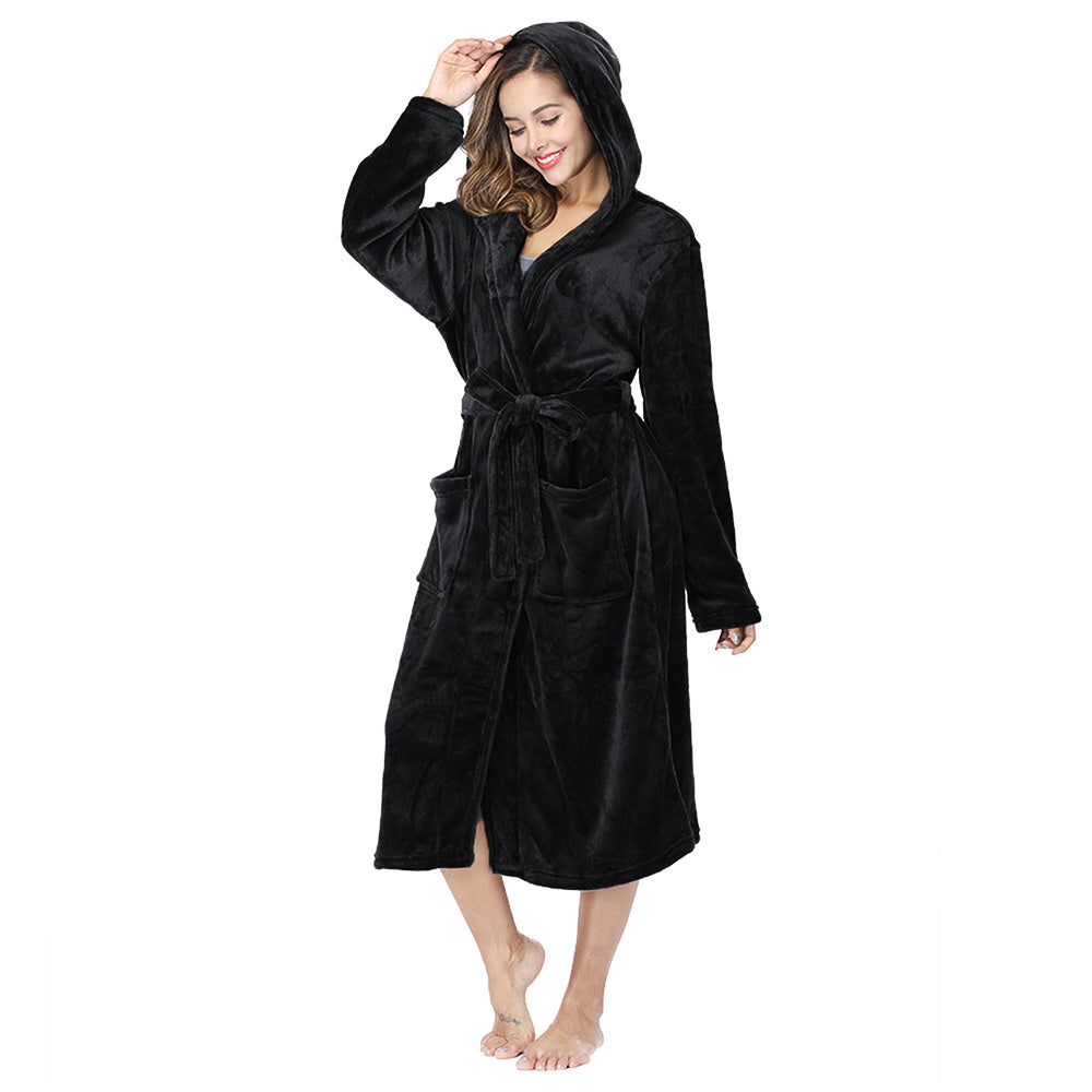 RONGTAI Womens Long Robes Plush Fleece Nightgown Thick Hooded Bathrobe With Pockets Fluffy Sleepwear For Men