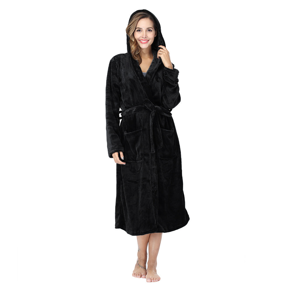 RONGTAI Womens Long Robes Plush Fleece Nightgown Thick Hooded Bathrobe With Pockets Fluffy Sleepwear For Men