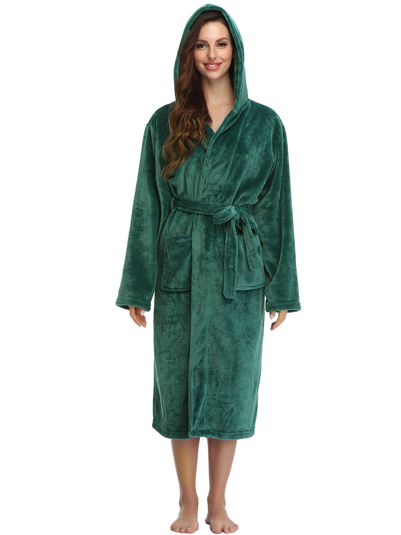 RONGTAI Womens Long Robes Plush Fleece Nightgown Thick Hooded Bathrobe With Pockets Fluffy Sleepwear For Men