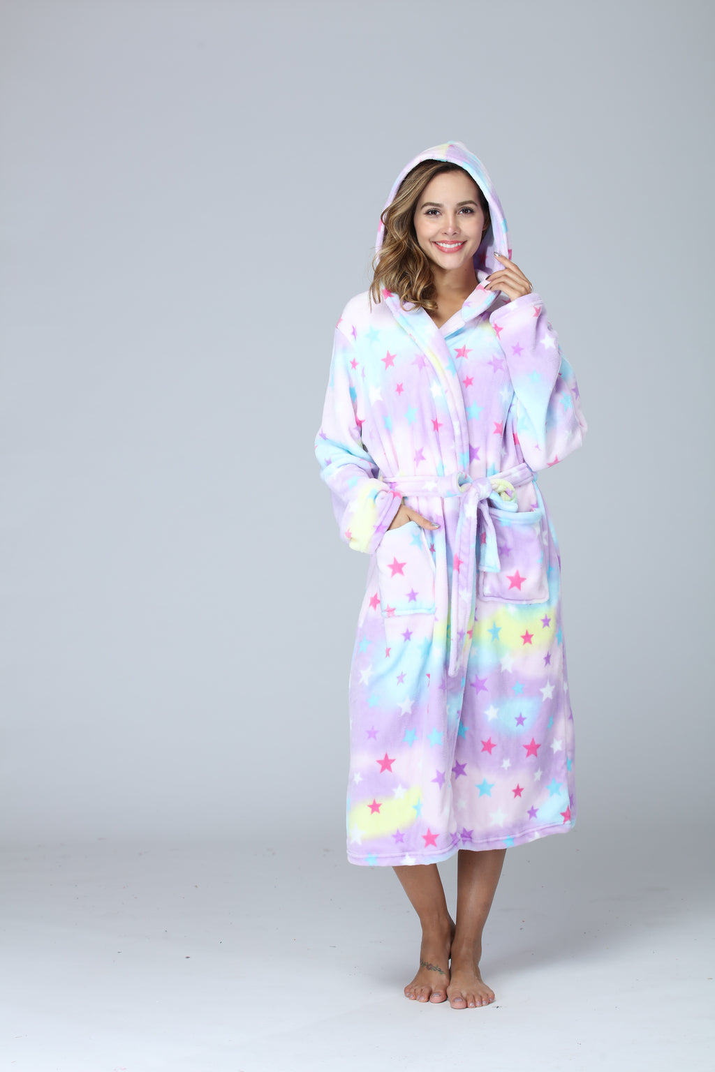Thick Hooded Long Nightgown & Bathrobe with Pockets, Warm Fluffy Sleepwear for Women.