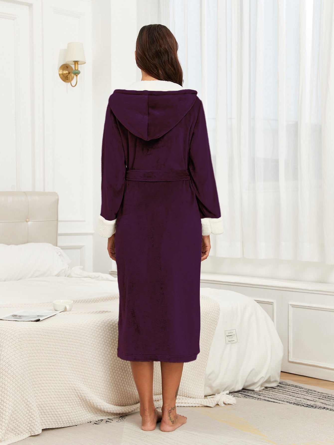 RONGTAI Womens Long Robes Plush Fleece Nightgown Thick Hooded Bathrobe With Pockets Fluffy Sleepwear For Men