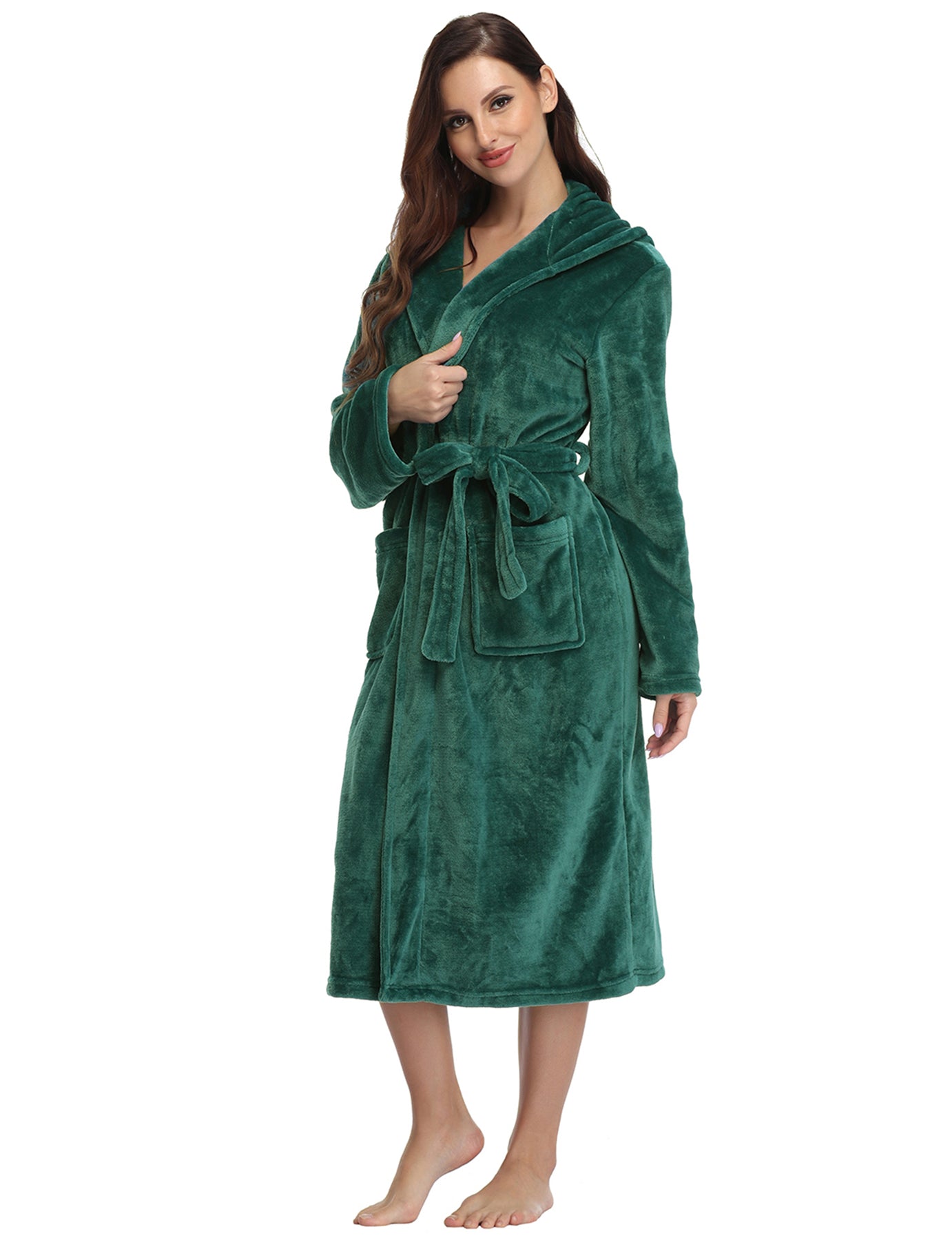 RONGTAI Womens Long Robes Plush Fleece Nightgown Thick Hooded Bathrobe With Pockets Fluffy Sleepwear For Men