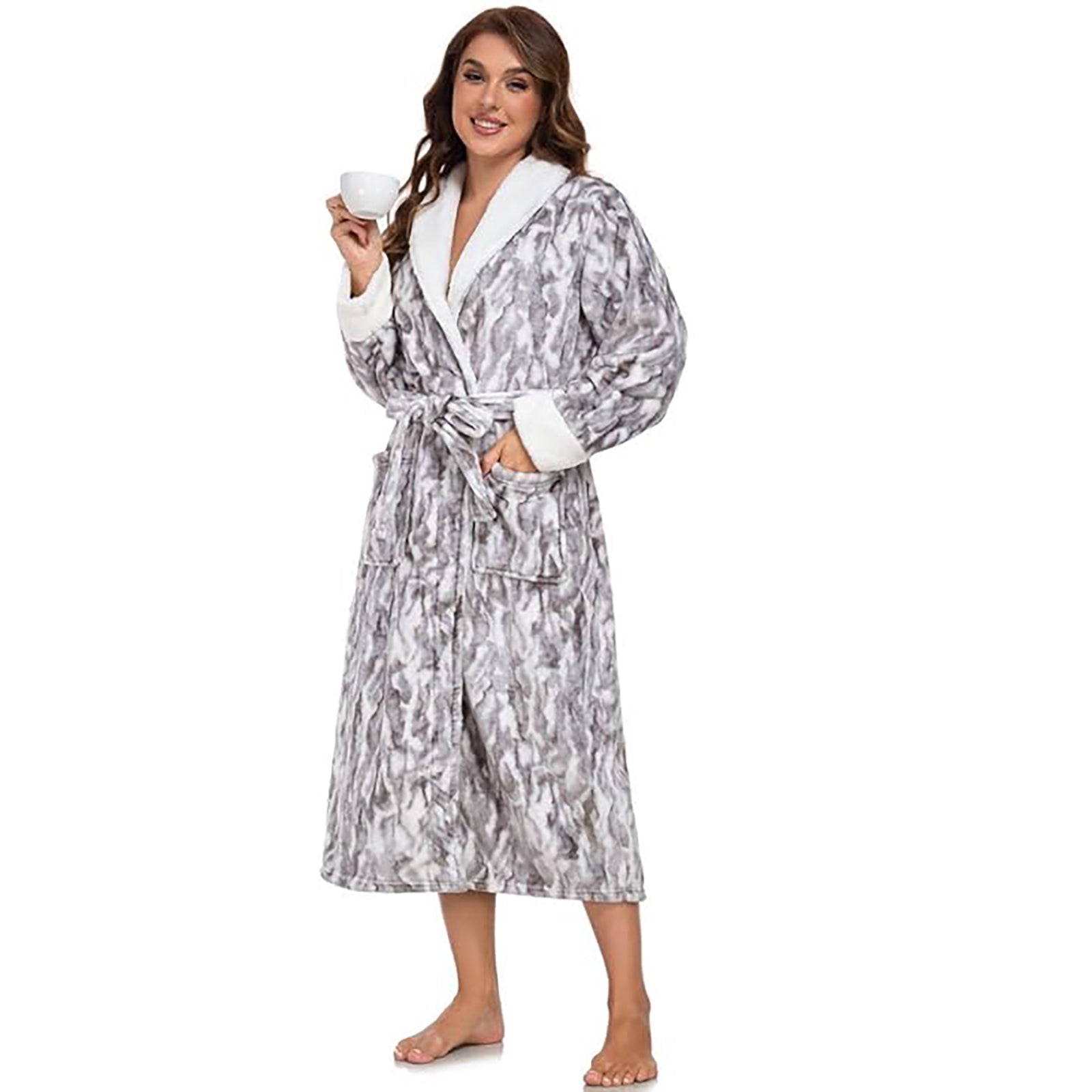 RONGTAI Womens Long Robes Plush Fleece Nightgown Thick Hooded Bathrobe With Pockets Fluffy Sleepwear For Men