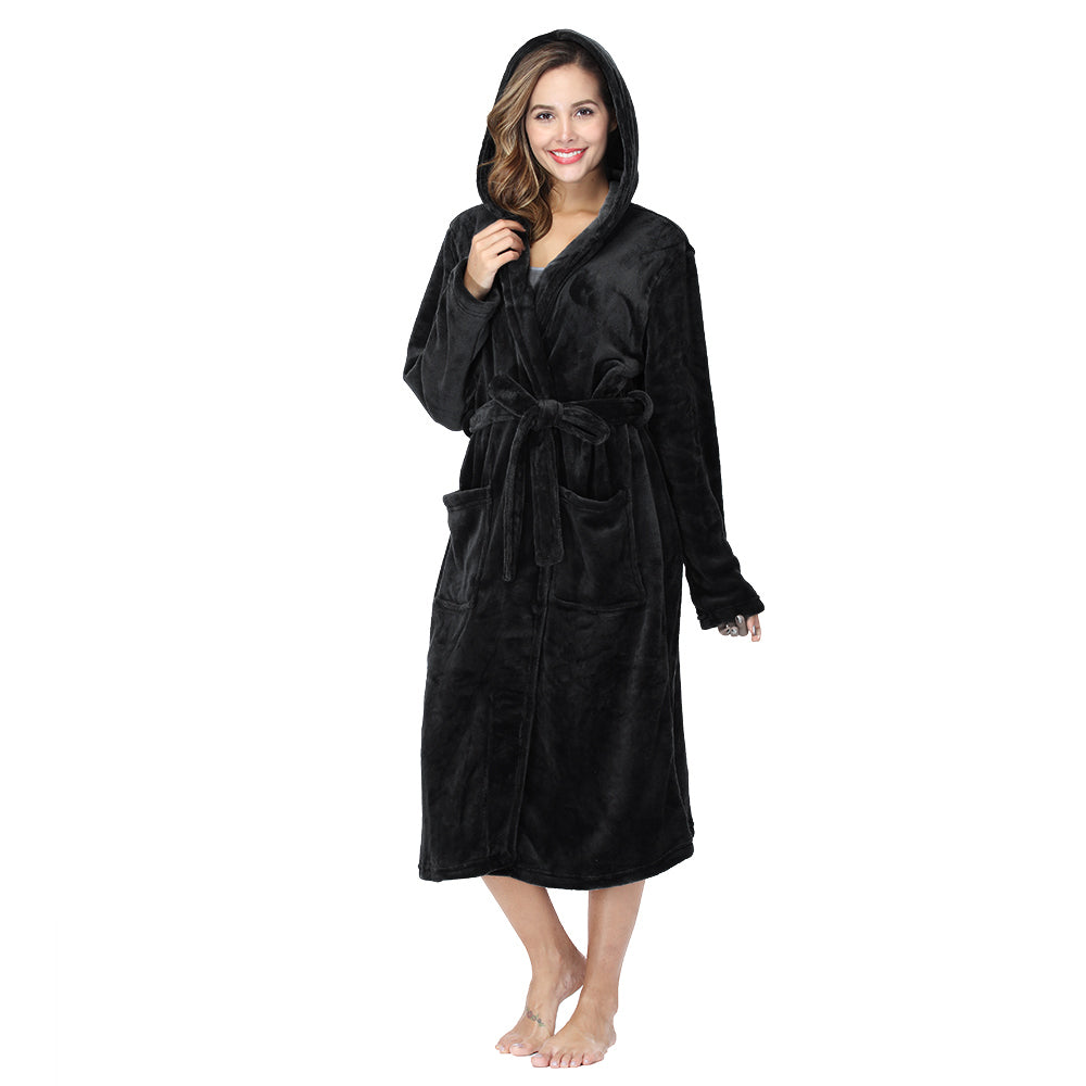 RONGTAI Womens Long Robes Plush Fleece Nightgown Thick Hooded Bathrobe With Pockets Fluffy Sleepwear For Men