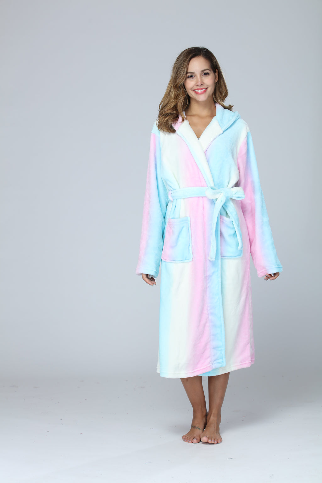 RONGTAI Womens Long Robes Plush Fleece Nightgown Thick Hooded Bathrobe With Pockets Fluffy Sleepwear For Men