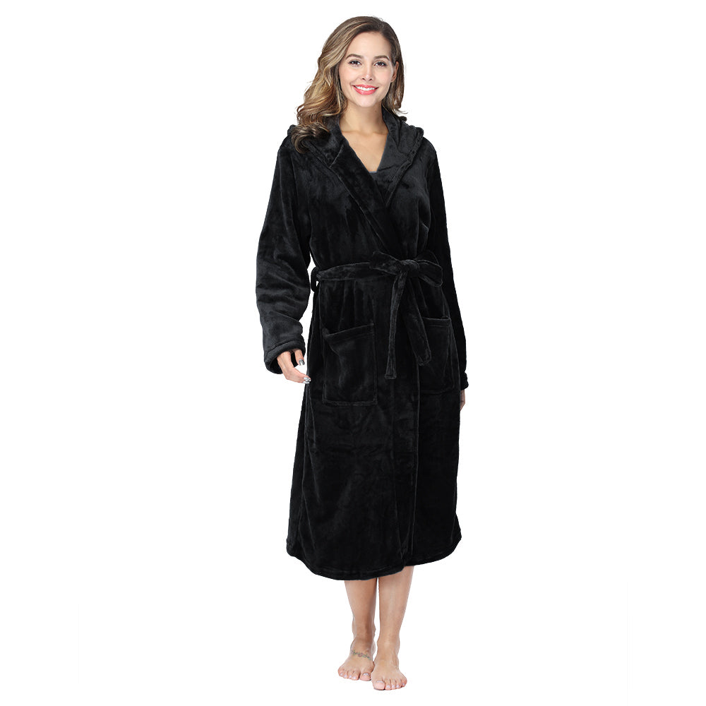 RONGTAI Womens Long Robes Plush Fleece Nightgown Thick Hooded Bathrobe With Pockets Fluffy Sleepwear For Men