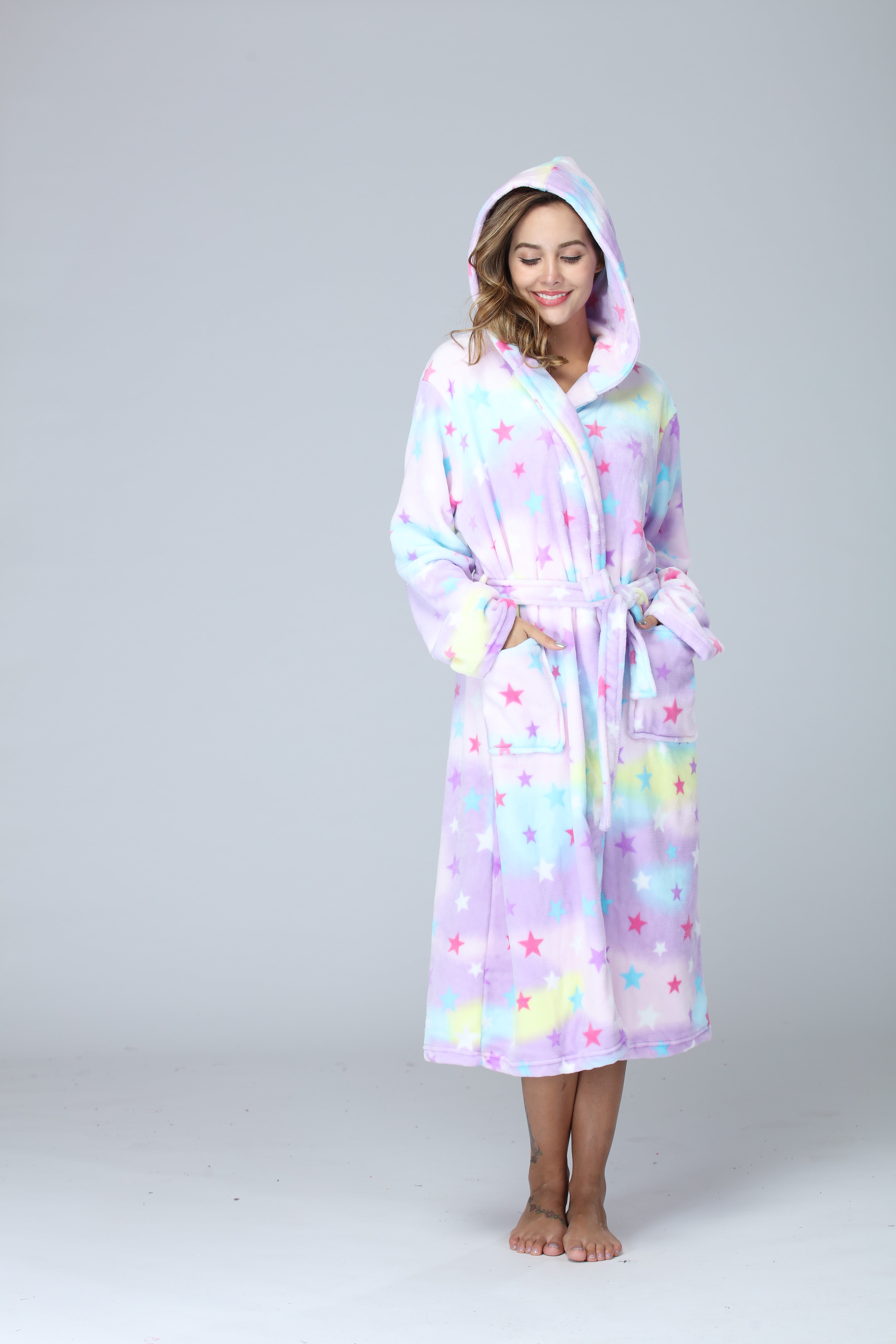 Thick Hooded Long Nightgown & Bathrobe with Pockets, Warm Fluffy Sleepwear for Women.