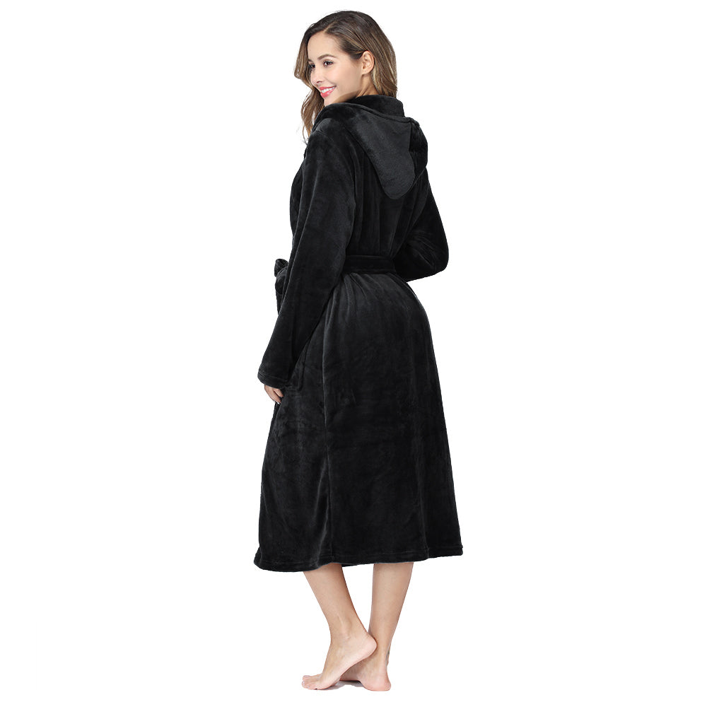 RONGTAI Womens Long Robes Plush Fleece Nightgown Thick Hooded Bathrobe With Pockets Fluffy Sleepwear For Men