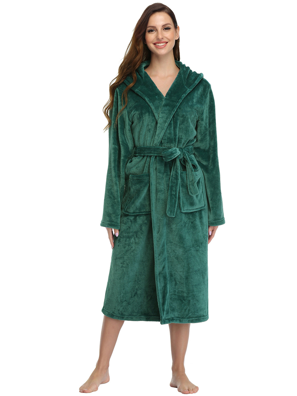 RONGTAI Womens Long Robes Plush Fleece Nightgown Thick Hooded Bathrobe With Pockets Fluffy Sleepwear For Men