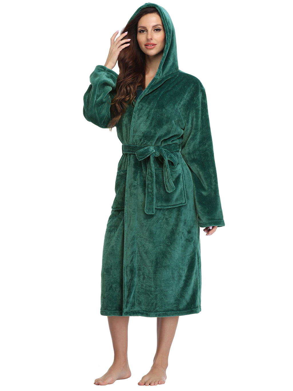 RONGTAI Womens Long Robes Plush Fleece Nightgown Thick Hooded Bathrobe With Pockets Fluffy Sleepwear For Men