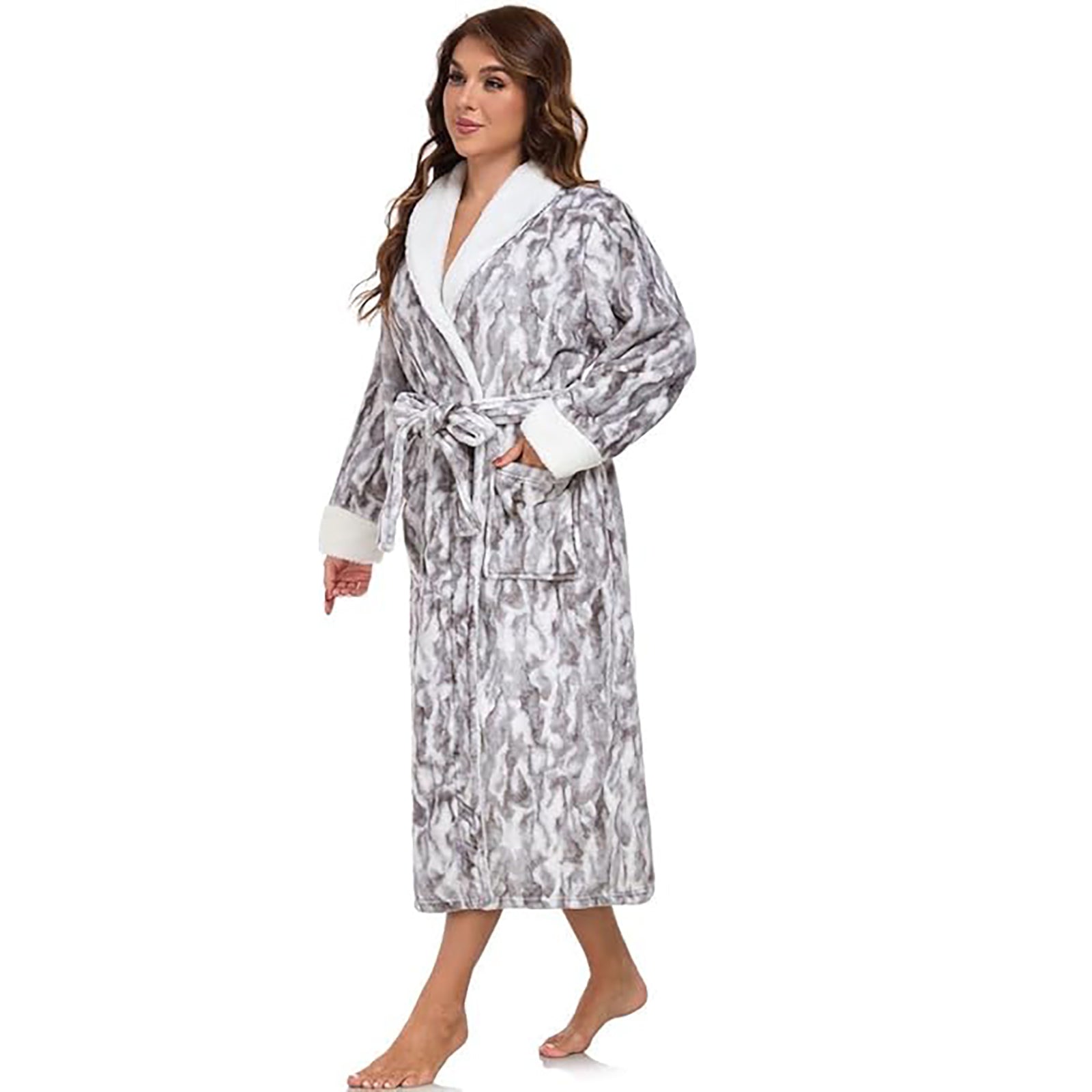 RONGTAI Womens Long Robes Plush Fleece Nightgown Thick Hooded Bathrobe With Pockets Fluffy Sleepwear For Men